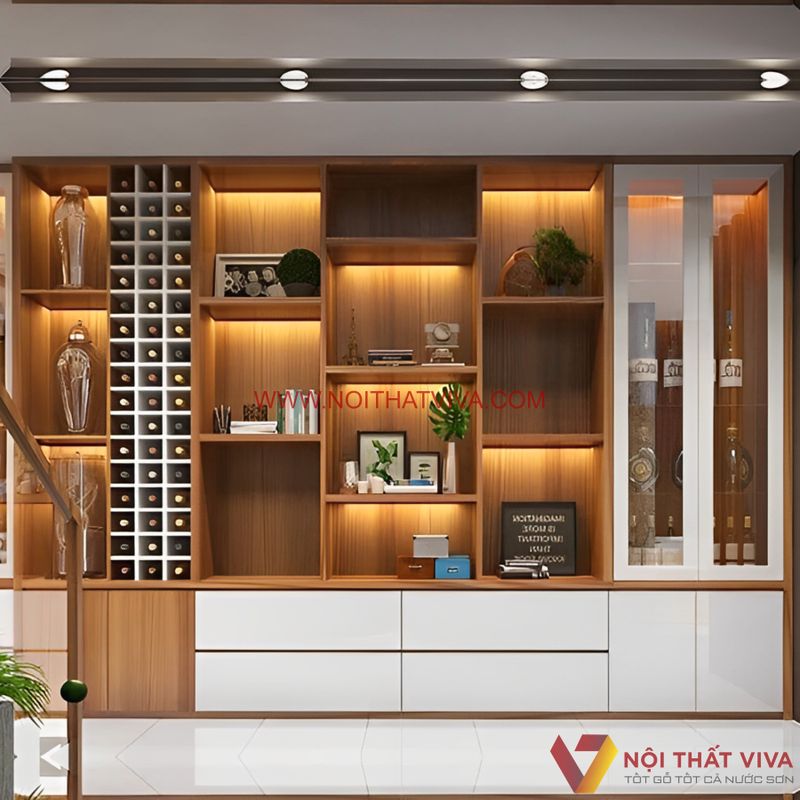 Gây ấn tượng không khó với các mẫu tủ rượu âm tường phòng khách đẹp