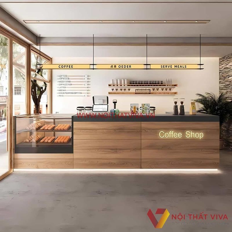 Mẫu quầy pha chế đẹp gỗ công nghiệp chữ L hiện đại