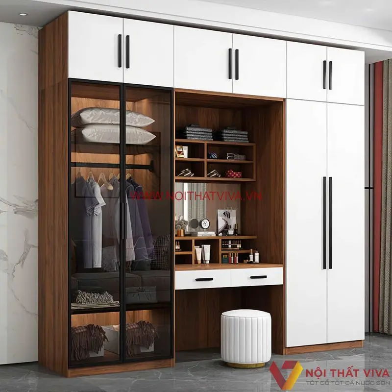 Tủ quần áo kem bàn làm việc gỗ MDF phủ melamine cạnh kính hiện đại