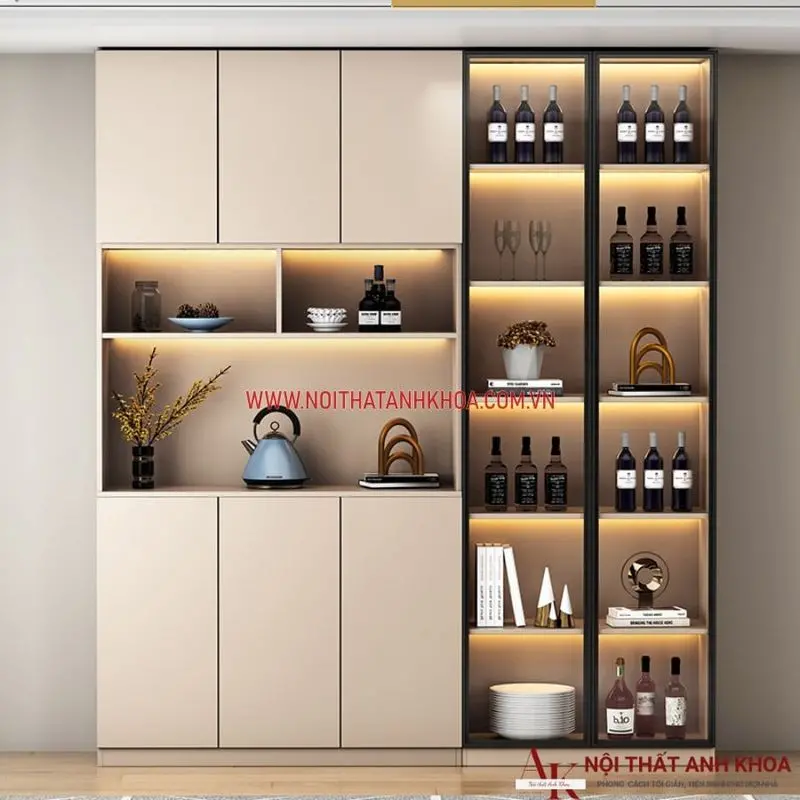 Tủ trưng bày gỗ công nghiệp kết hợp kính và đèn LED đẹp hiện đại