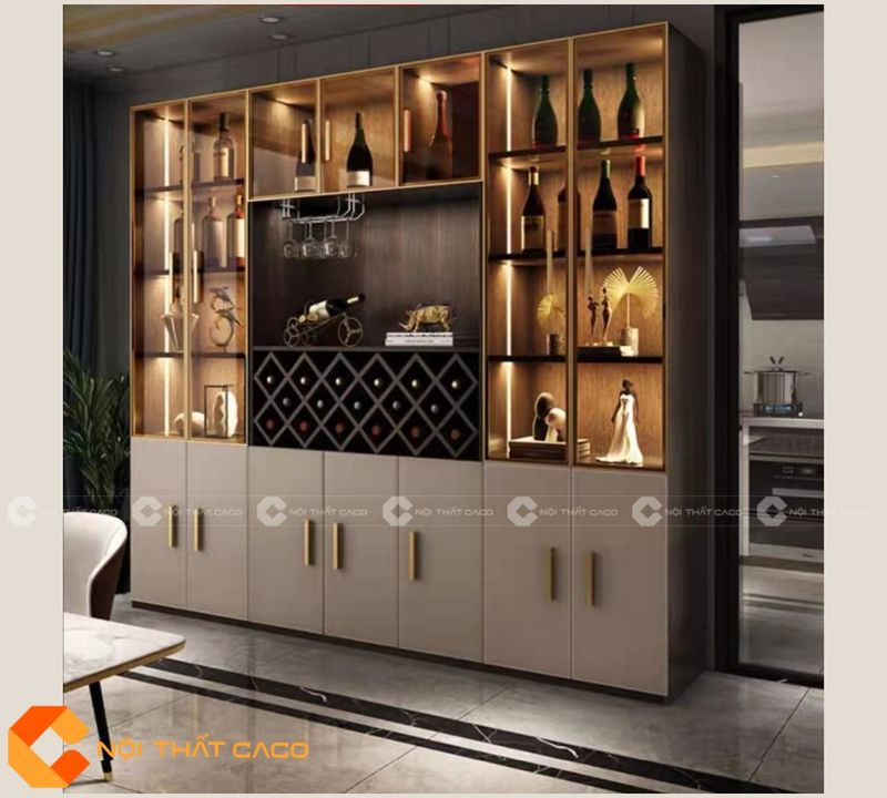 Tủ rượu gỗ MDF phối kính kết hợp đèn LED sáng trọng