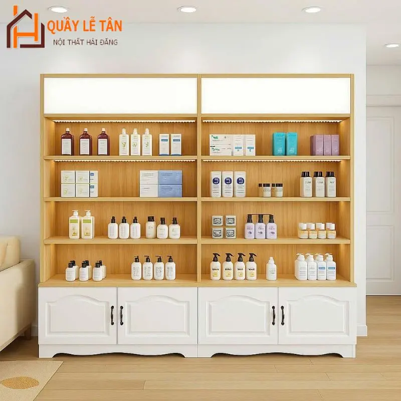 Tủ trưng bày mỹ phẩm gỗ sáng với đèn LED đẹp