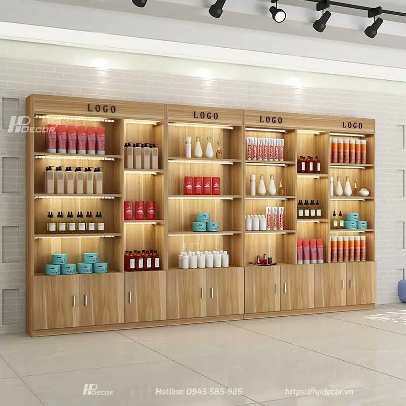 Tủ trưng bày tiệm tóc đẹp bằng gỗ